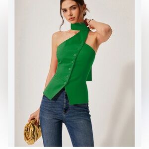 Commense Emerald Green Tailored Vest Top Linen Blend Smocked Back Size S New